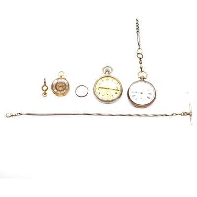 Lot 298 - Three pocket watches, two Albert watch chains, and a ring.