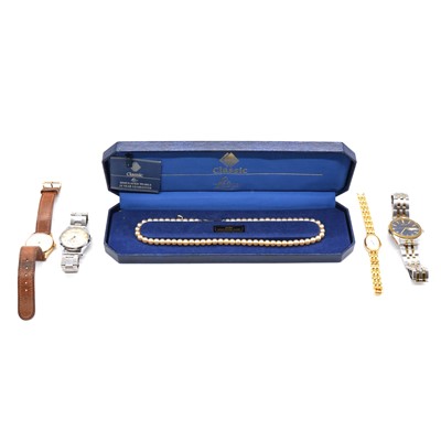 Lot 424 - Three gentleman's wristwatches, simulated pearls, lady's watch.