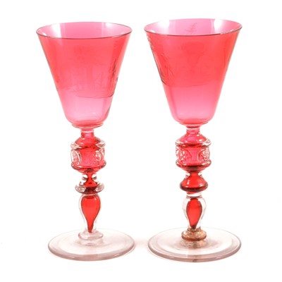 Lot 92 - Pair of large Continental ruby and engraved glass goblets