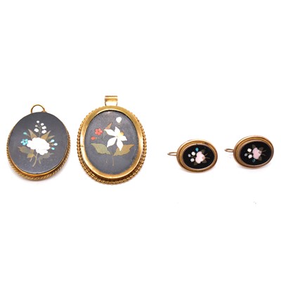 Lot 216 - Two pietra dura pendants and pair of earrings.