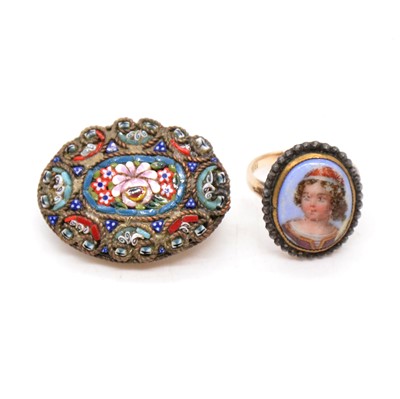 Lot 235 - A micro mosaic brooch and ceramic ring with cut steel border.