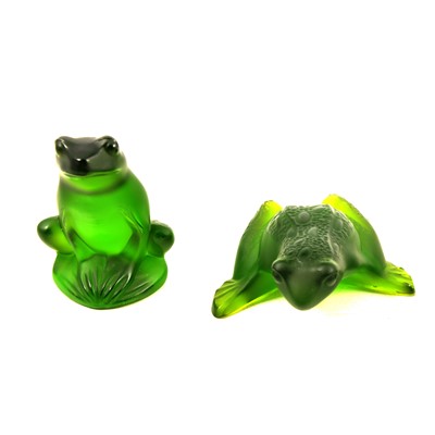 Lot 6 - Lalique Crystal, two frosted green frog ornaments.