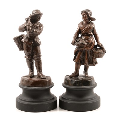 Lot 137 - L Goyeau, a pair of French patinated art metal figures of a Breton fisherboy and girl