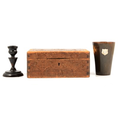 Lot 192 - Small pine box, pair of ebony dwarf candlesticks, etc