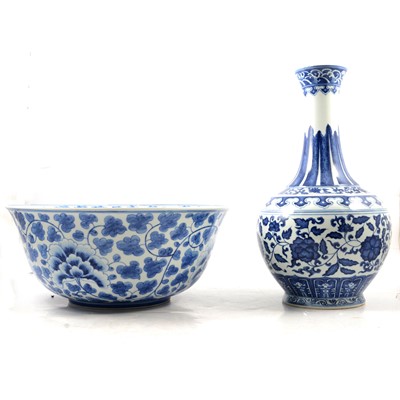 Lot 55 - Chinese porcelain blue and white vase, modern and a similar bowl