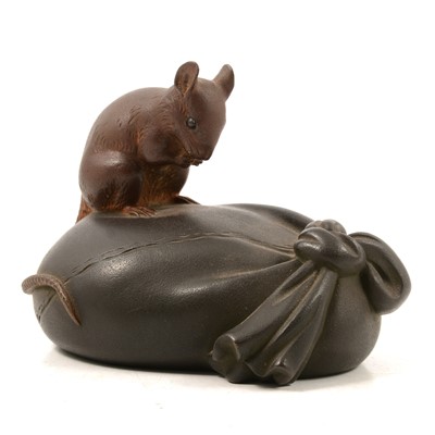 Lot 110 - Japanese bronze okimono of a rat on a food bag