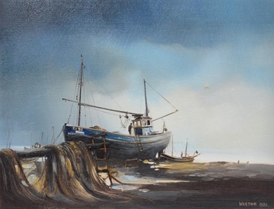 Lot 329 - David Weston, Boat at Lowtide, Norfolk; together with two David Weston books