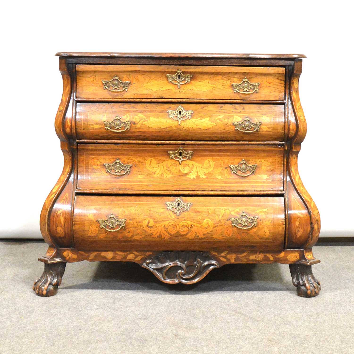 Lot 416 - Dutch oak and marquetry bombe-shape commode,