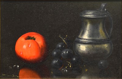 Lot 335 - Zander, Still life of tomato, grapes and jug.