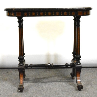 Lot 369 - Victorian ebonised, yew wood and marquetry stretcher table