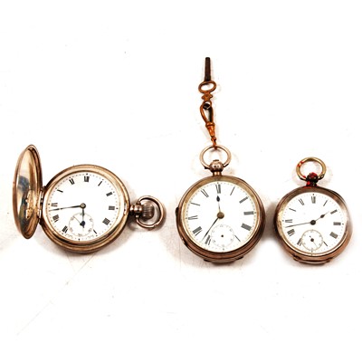 Lot 338 - A silver full hunter pocket watch and two silver / white metal open face pocket watches.