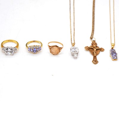 Lot 147 - A 9 carat yellow gold Crucifix and chain, ring earrings and silver-gilt jewellery.