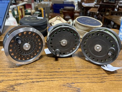 Lot 181 - Hardy Bros. 'The Sunbeam' alloy fly fishing reel, 8/9, and two other Hardy reels