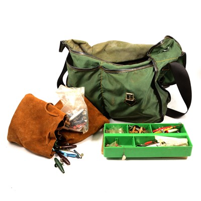 Lot 188 - Three bags and two boxes of fishing tackle, lures, spinners, etc