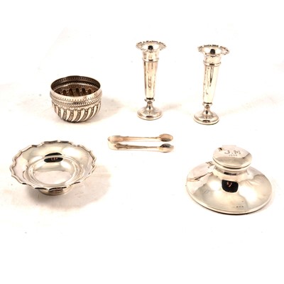 Lot 279 - Silver capstan inkwell, pair of silver vases, sugar bowl, silver dish.