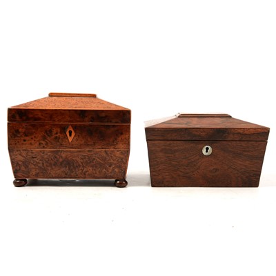 Lot 104 - Two sarcophagus shaped twin compartment tea caddies, rosewood and walnut.