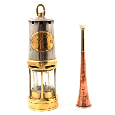 Lot 97 - E Thomas & Williams brass miner's lamp and a copper hunting horn.