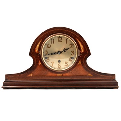 Lot 354 - Inlaid mahogany mantel clock, silvered dial,...