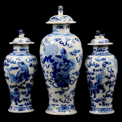 Lot 14A - Garniture of three Chinese blue and white baluster-shape vases