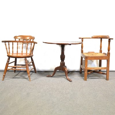 Lot 314 - Victorian oak and elm corner chair, an elbow chair and an oak tripod table