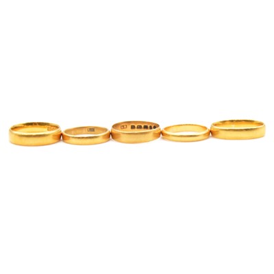 Lot 101 - Five 22 carat gold wedding bands