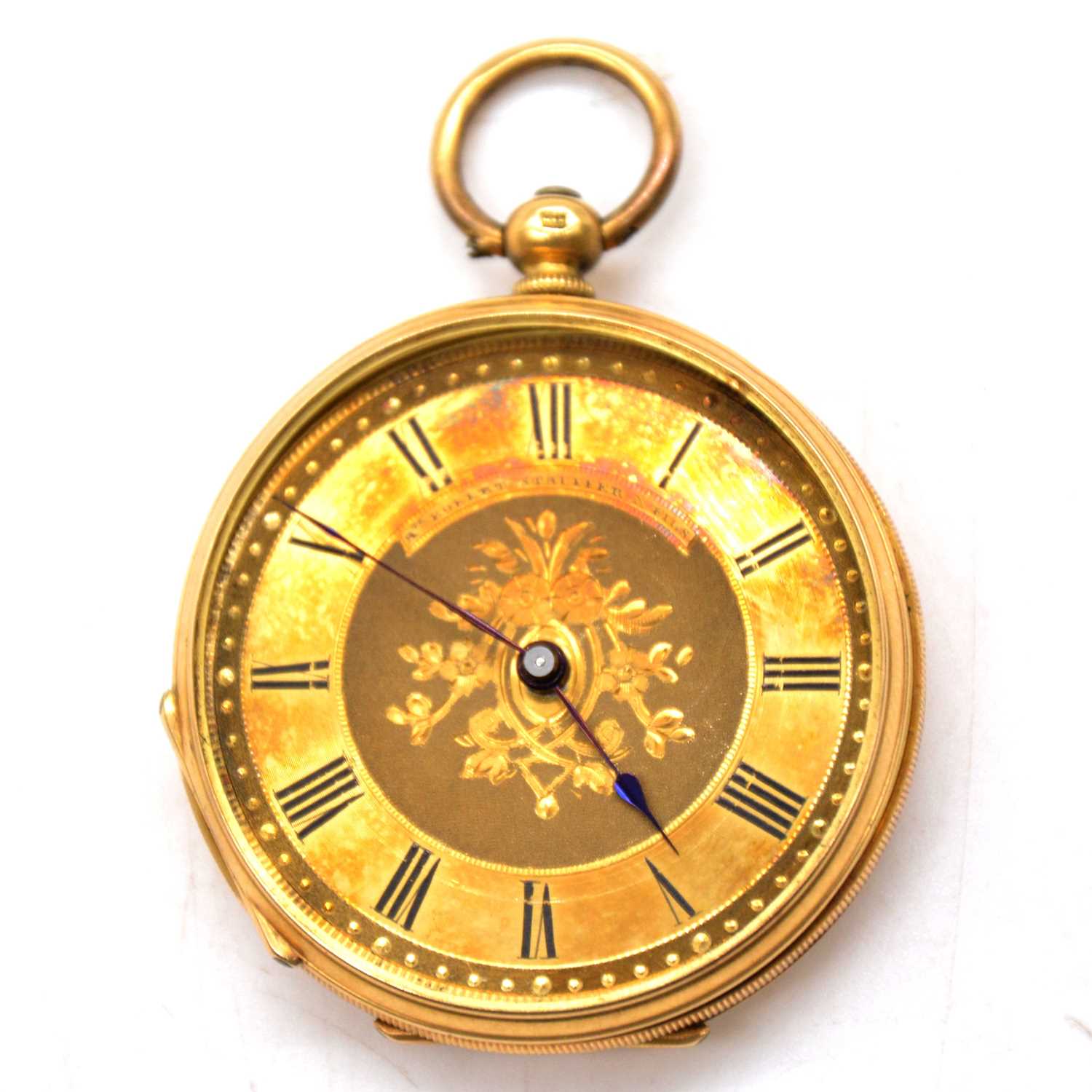 Lot 296 - A small yellow metal open face pocket watch.