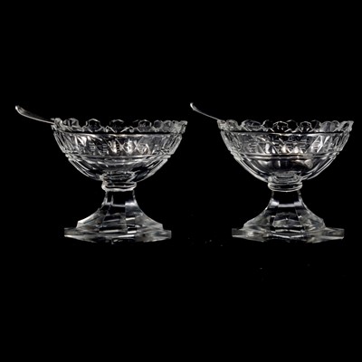 Lot 9 - Pair of cut glass salts, with silver salt spoons