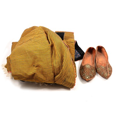 Lot 105A - Pair of Persian embroidered slippers, a robe, and some linen