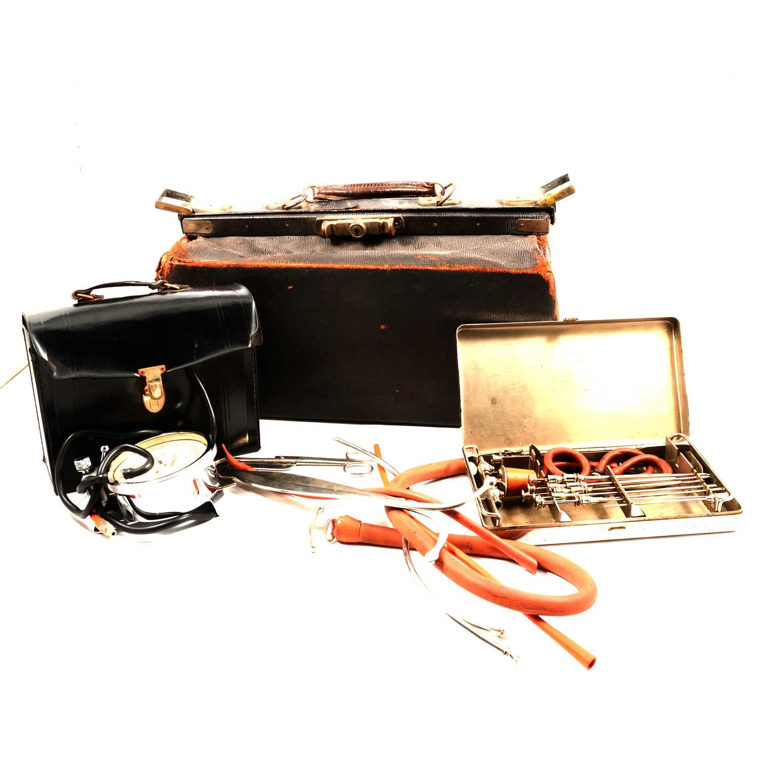 Lot 129 - Vintage leather Doctors bag and other medical equipment.