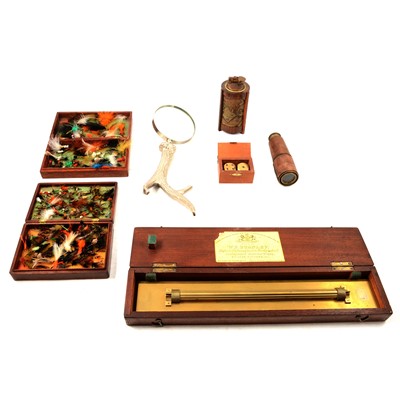 Lot 187 - Stanley brass rule, fishing flies, magnifying glass, etc.