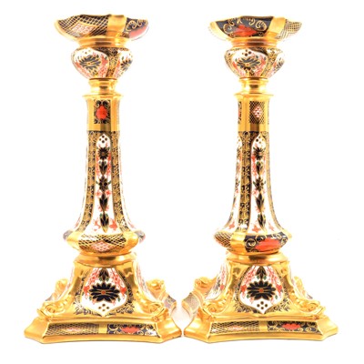 Lot 59 - Pair of Royal Crown Derby bone china silver shaped candlesticks