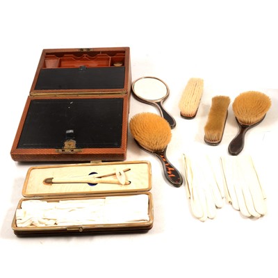 Lot 160 - Edwardian silver and tortoiseshell-backed five-piece dressing table set, glove box and writing slope