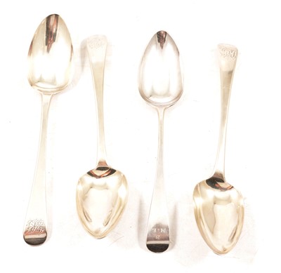 Lot 251 - Three George III Old English pattern silver tablespoons, and one other