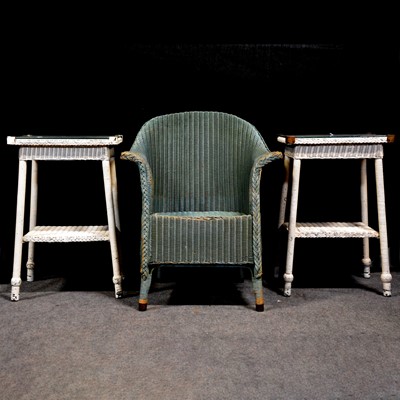 Lot 465 - Lloyd Loom chair and a pair of side tables