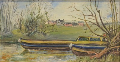 Lot 292 - Local interest - John Voss, Narrowboats on a canal.