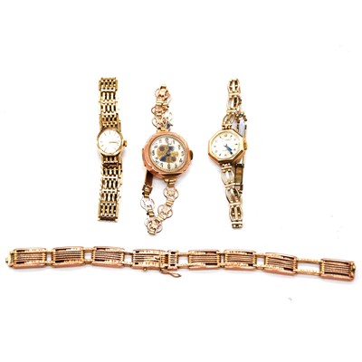 Lot 140 - Three wristwatches and a watch bracelet.