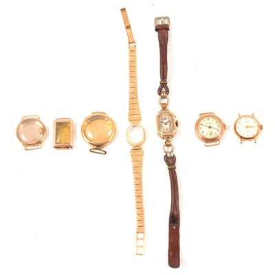 Lot 357 - Three ladies' 9 carat gold wristwatches, three 9 carat gold watch cases and a bracelet strap.