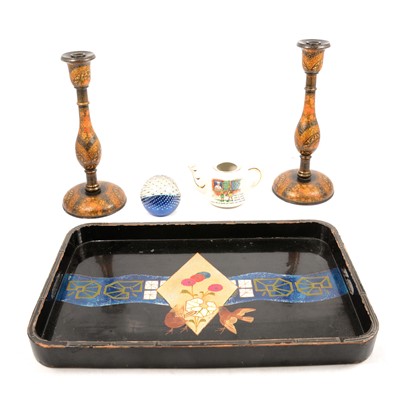Lot 188 - Pair of Indo-Persian lacquered trays, Caithness paperweight, two lacquered trays, and a toy tea service (incomplete)