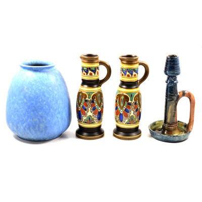 Lot 41 - Ruskin pottery ovoid vase, pair of Rembrandt Dutch pottery ewers, Belgian pottery candlestick