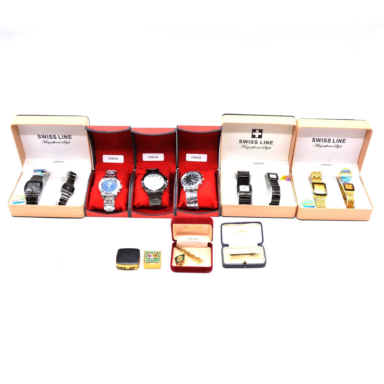 Lot 365 - Three Swiss Line wristwatch sets, other wristwatches, patch boxes, tiepins and badge.