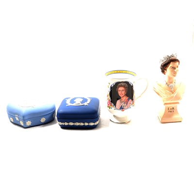 Lot 75 - One box of Royal commemorative ware, including Queen Elizabeth II bust, Wedgwod Jasperware etc.