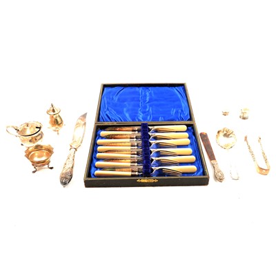 Lot 275 - Collection of silver cruets, salts, pepperettes, small flatware, and a cased set of fruit knives and forks