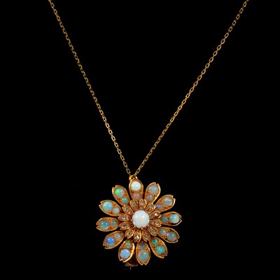 Lot 184 - An opal and diamond floral pendant brooch and chain.