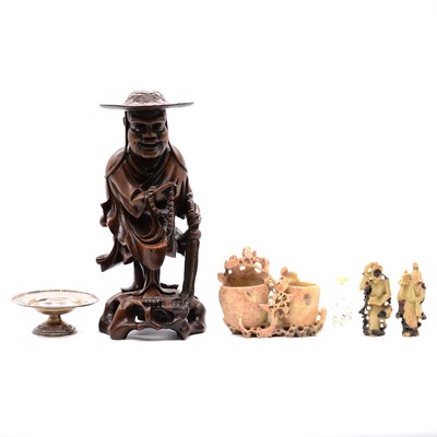 Lot 99 - Chinese carved wood figure, soapstone carvings, silver dish