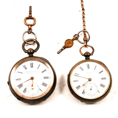 Lot 302 - Two silver open face pocket watches and length of yellow metal Albert watch chain.