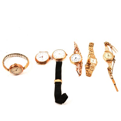 Lot 359 - Five ladies' 9 carat yellow gold vintage wristwatches and a filled gold vintage wristwatch.