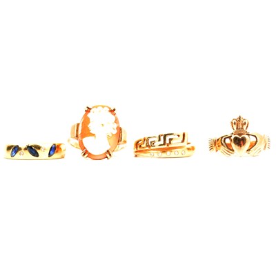 Lot 20 - A cameo ring, Claddagh ring and two gemset rings.