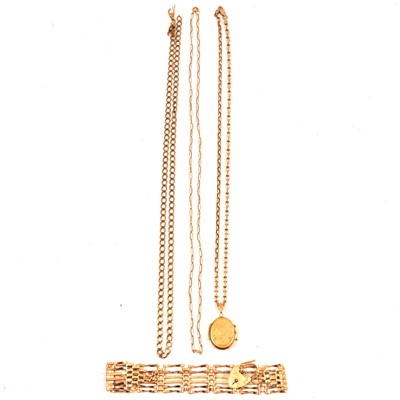 Lot 172 - A 9 carat yellow gold gate link bracelet, locket and chain, and two other chains.