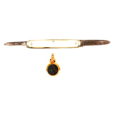 Lot 317 - A gold stone set fob, pearl tie pin, pearl earring etc.