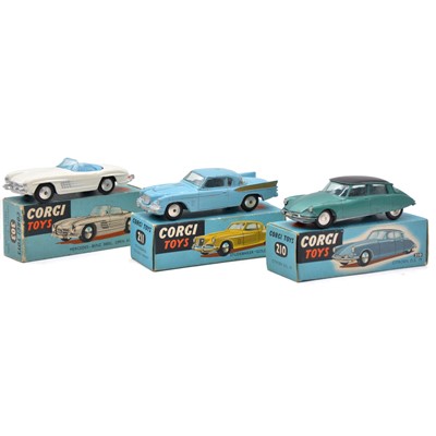 Lot 139 - Corgi Toys models, three including 303 Mercedes-Benz 300SL 210 Citroen DS and one other.